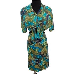 Vintage 80s Hawaiian Floral Two Piece Set High Rise Mini Skirt Button Crop Top L